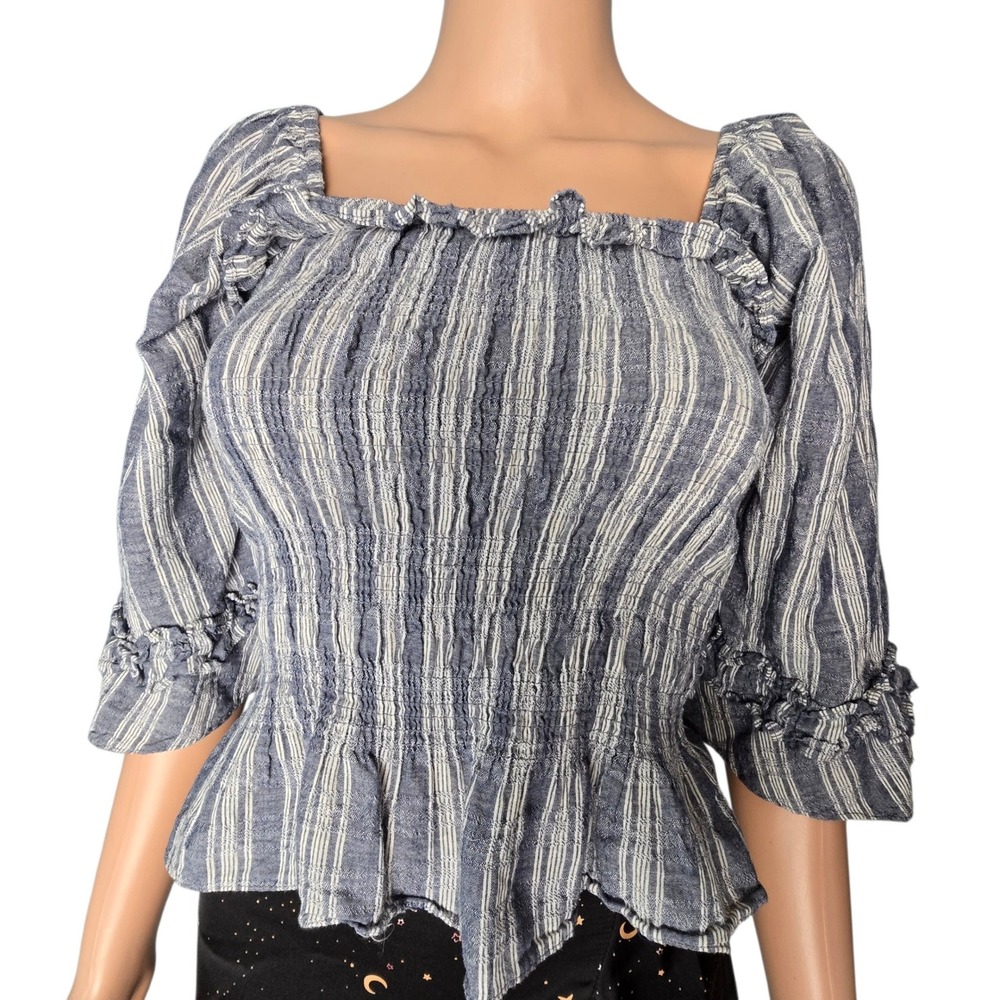 Mustard Seed Striped Smocked Puff Sleeve‎ Peplum Top Blue White Cotton M S18376